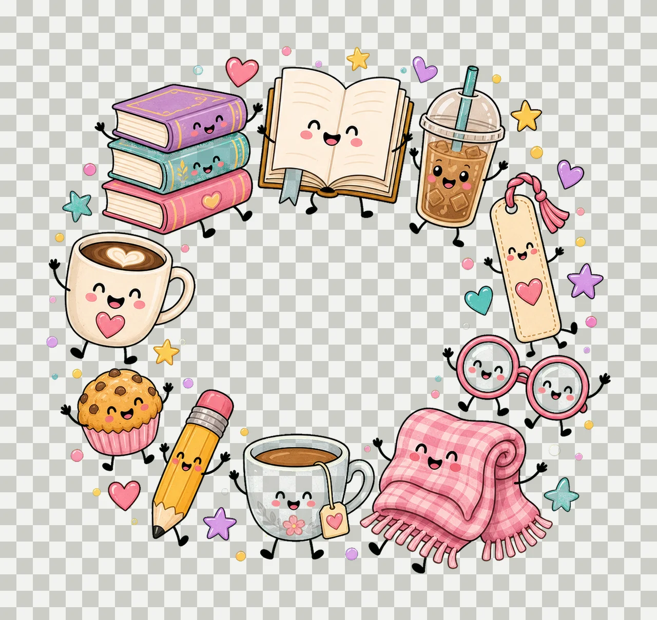 Books and Coffee Characters Doodle Cute Happy Variation D transparency and detail preview thumbnail