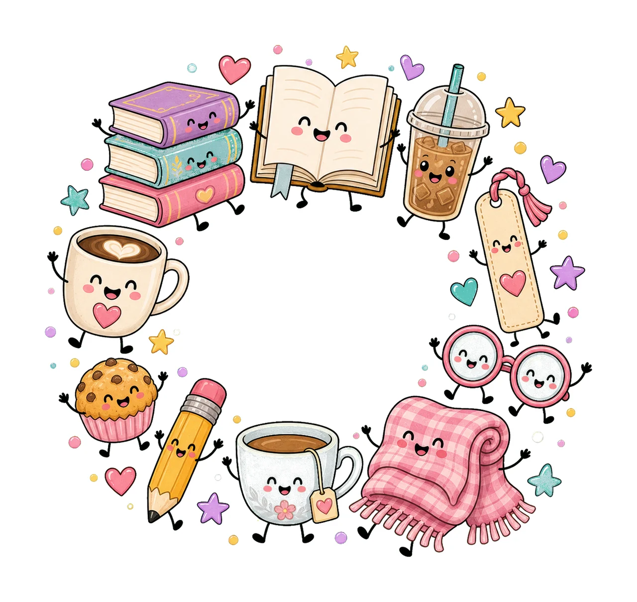 Books and Coffee Characters Doodle Cute Happy Variation D