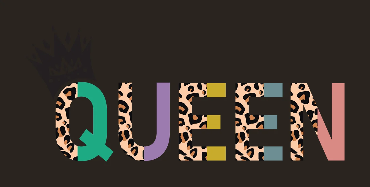 QUEEN Typography Design with QUEEN text, crown, leopard print and solid colors in teal, purple and gold contrast preview thumbnail