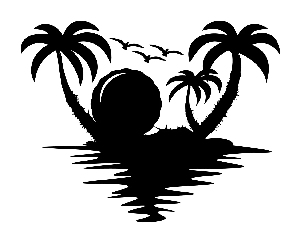 Palm Tree Tropical Island Sunset With Trees sun birds water