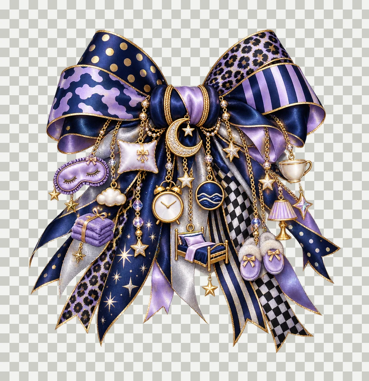 Sleep Awareness Bow Charm PNG, Themed Gold Chain Charms, Coquette Ribbon Sublimation Design, Transparent Digital Download transparency and detail preview thumbnail