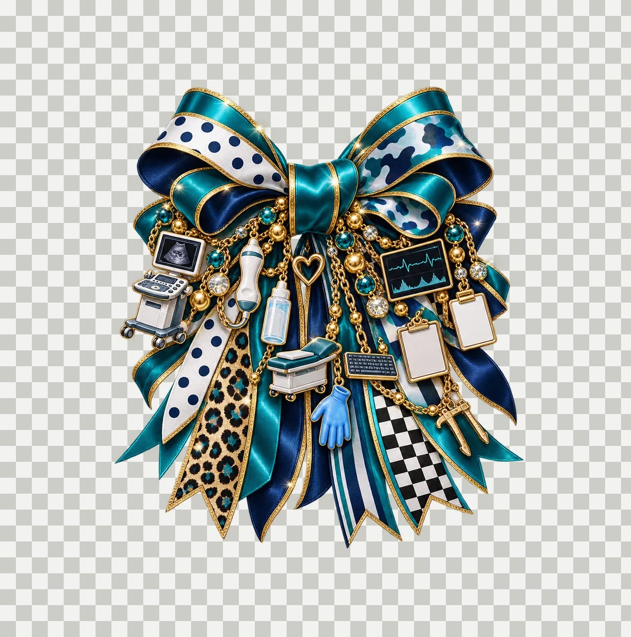 Ultrasound Technician Sonographer Bow Charm PNG, Themed Gold Chain Charms, Coquette Ribbon Sublimation Design, Transparent Digital Download transparency and detail preview thumbnail