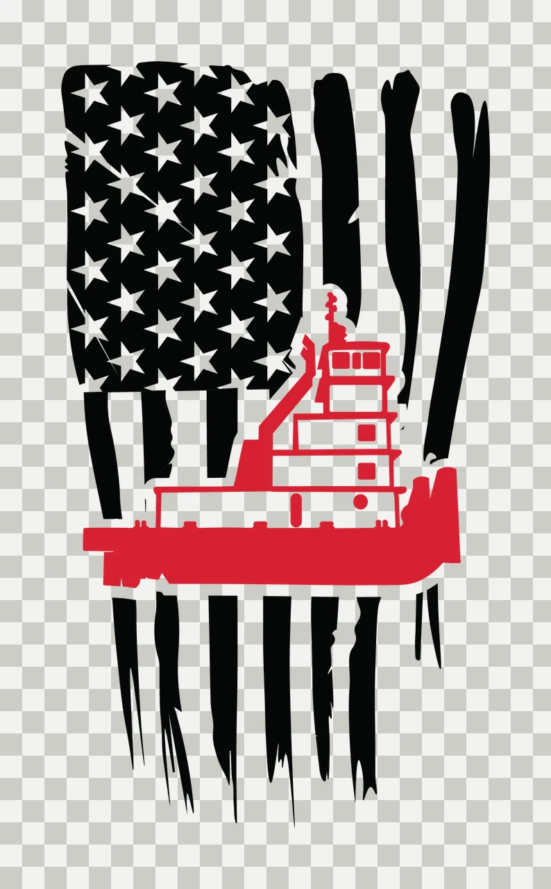 Boat Tugboat Silhouette Over Distressed Flag Stripes superimposed transparency and detail preview thumbnail