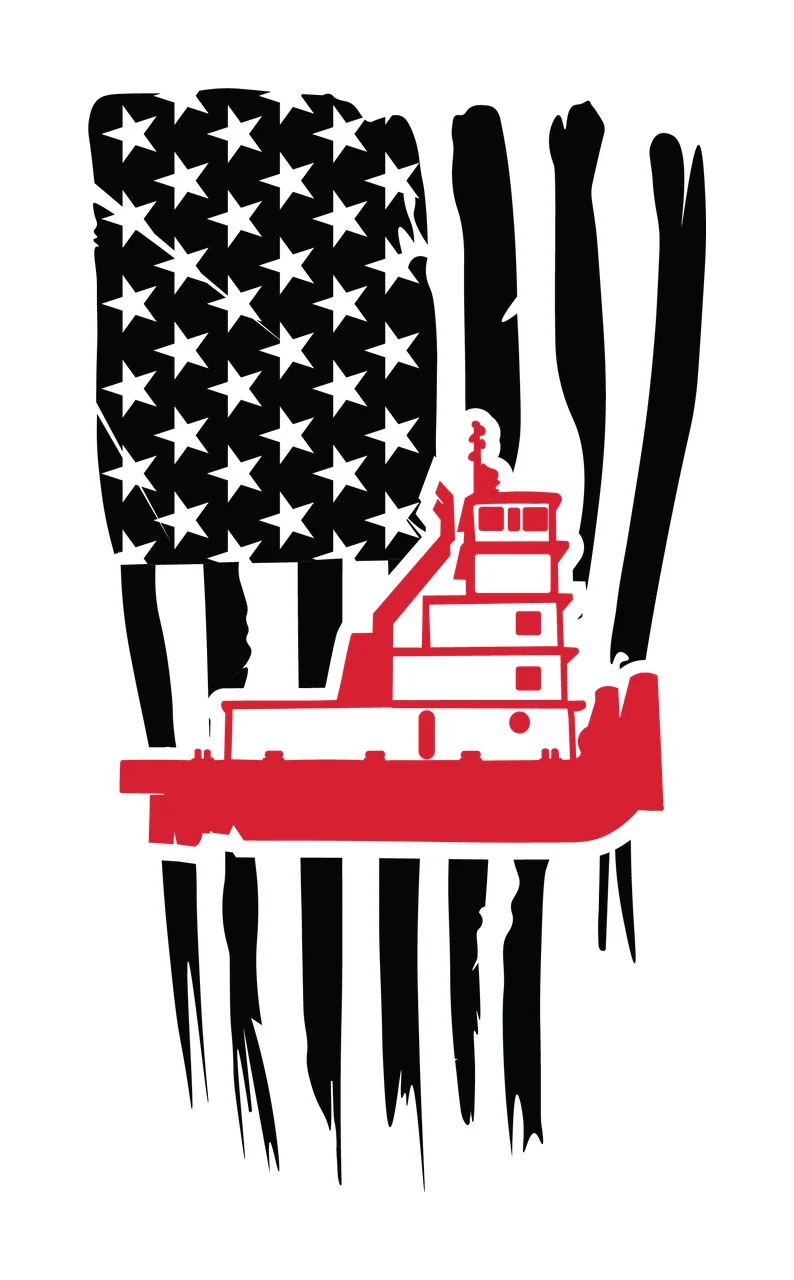 Boat Tugboat Silhouette Over Distressed Flag Stripes superimposed