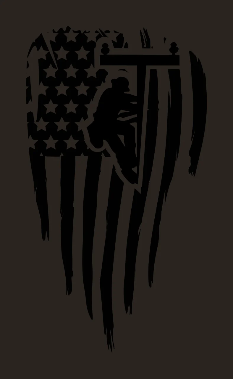 Lineworker silhouette climbing a utility pole Illustration with crossarm, insulators, distressed American flag and stars and stripes in black and white contrast preview thumbnail