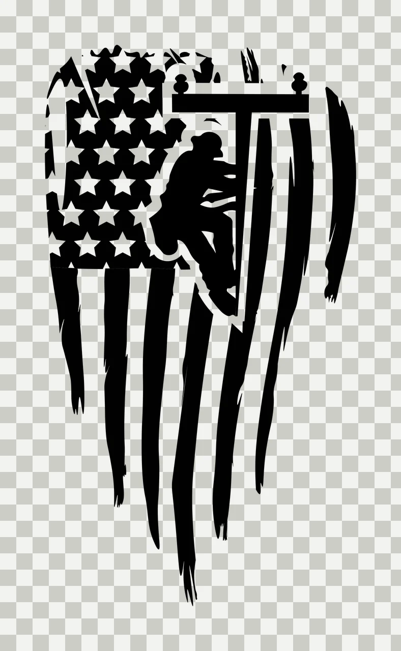 Lineworker silhouette climbing a utility pole Illustration with crossarm, insulators, distressed American flag and stars and stripes in black and white transparency and detail preview thumbnail