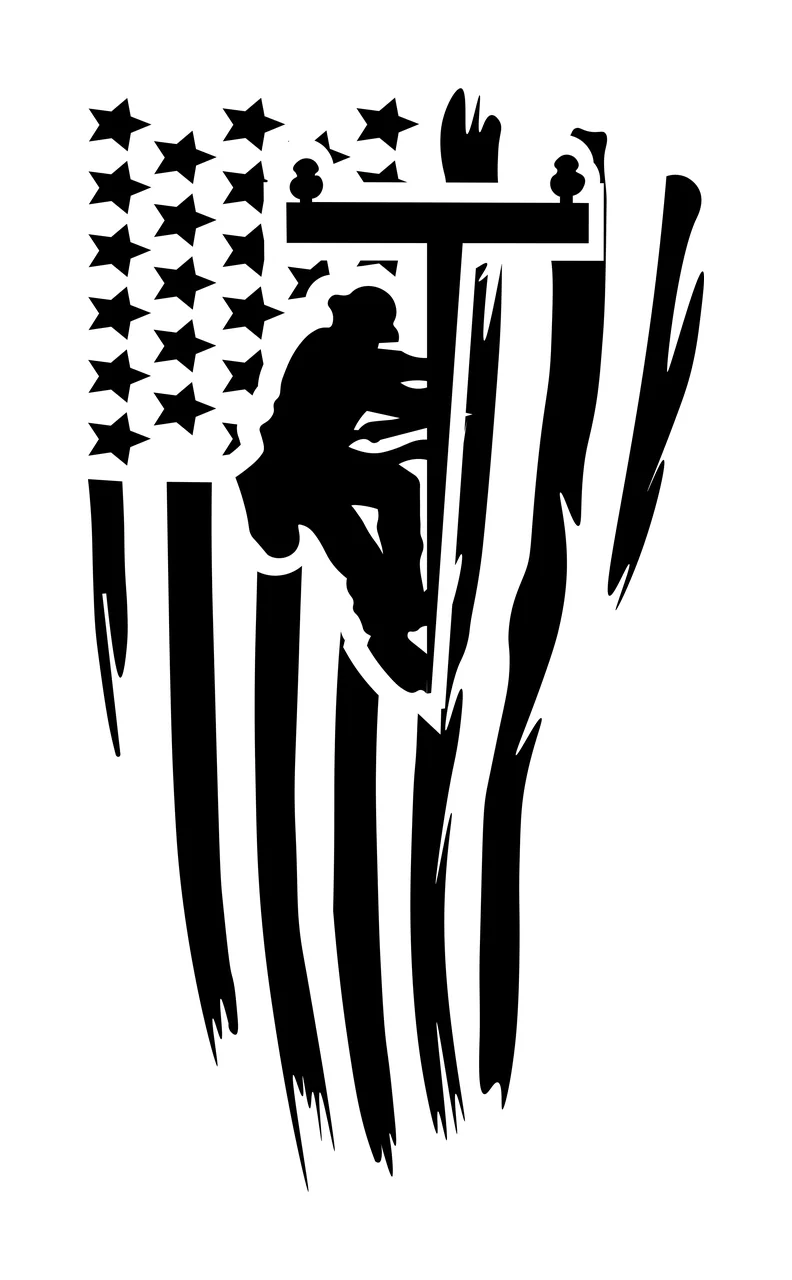 Line Worker On Pole With Flag climbing a utility stars stripes