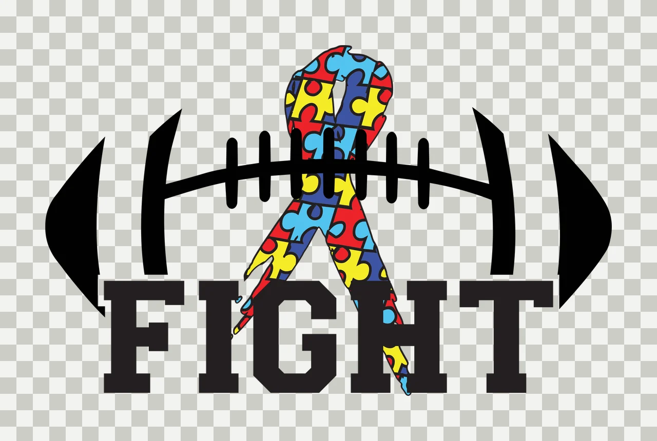 FIGHT Typography Design with black football outline, puzzle-piece ribbon in red blue yellow and black bold 'FIGHT' text transparency and detail preview thumbnail