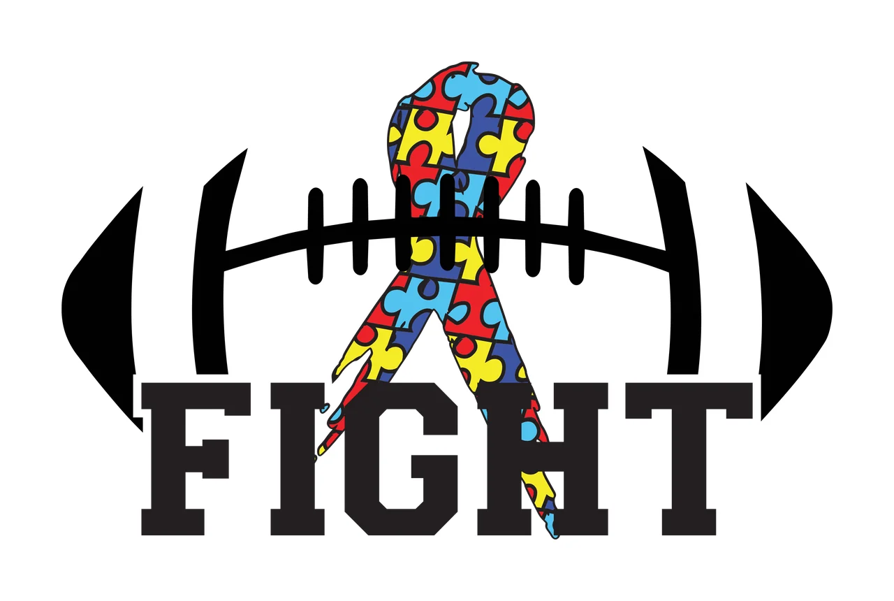 FIGHT Typography Design with black football outline, puzzle-piece ribbon in red blue yellow and black bold 'FIGHT' text