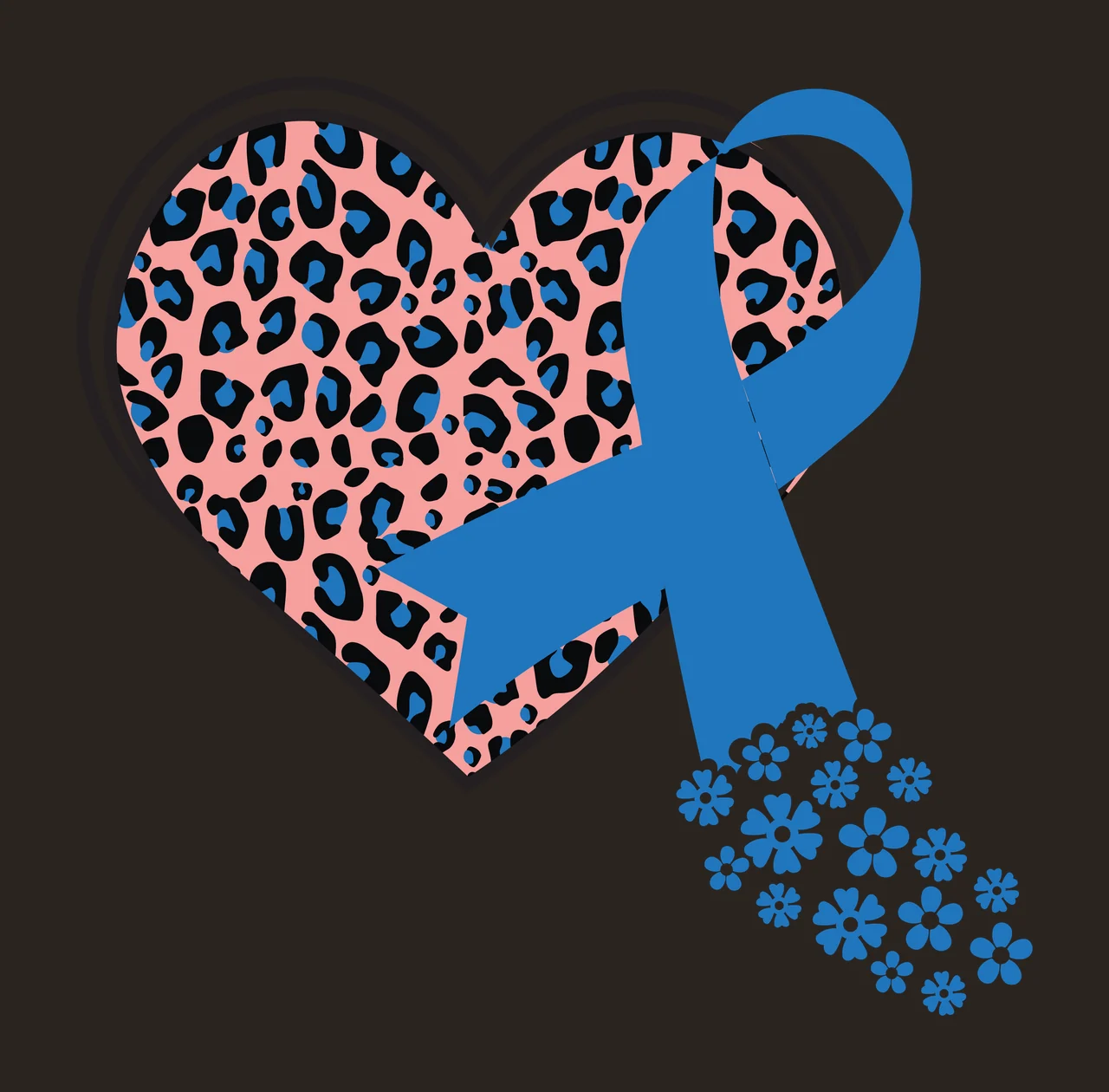 Heart with leopard print, blue ribbon, and blue flowers Illustration with pink leopard-print heart in black contrast preview thumbnail