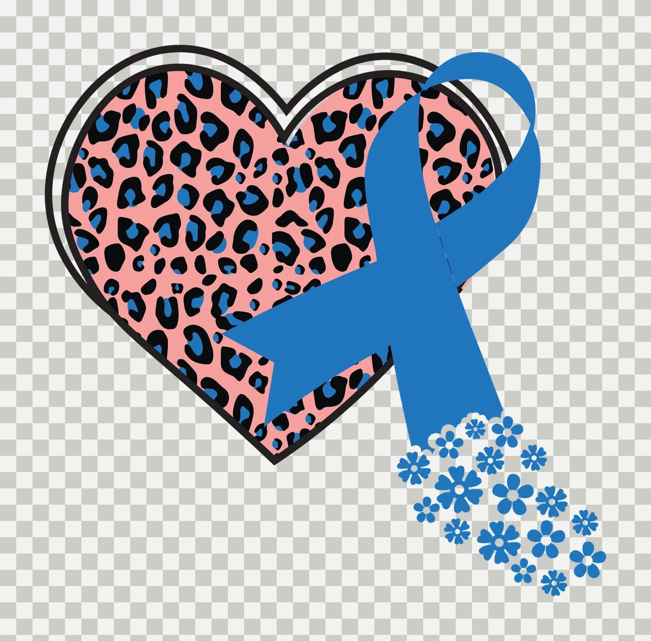 Heart with leopard print, blue ribbon, and blue flowers Illustration with pink leopard-print heart in black transparency and detail preview thumbnail
