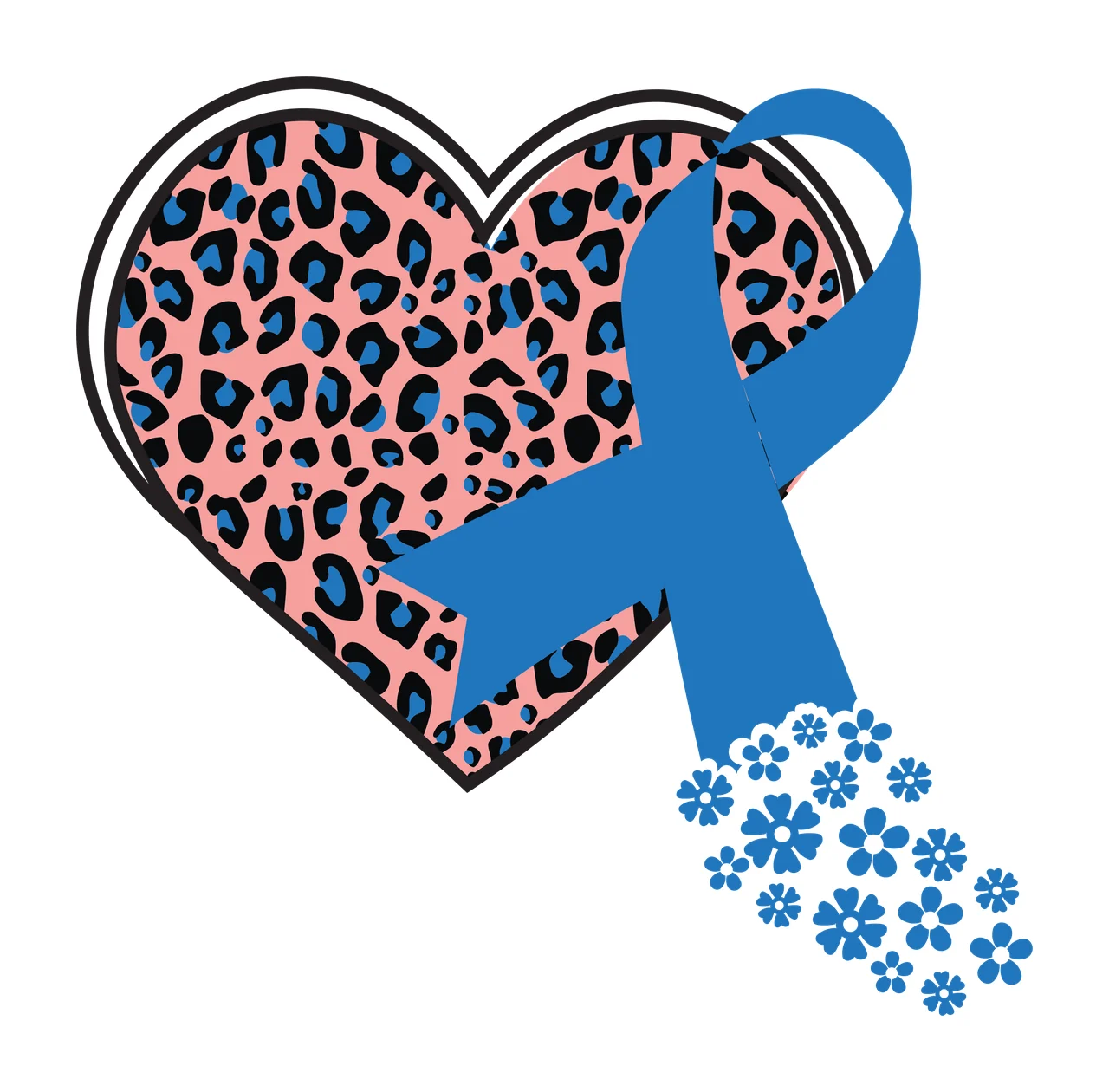 Heart with leopard print, blue ribbon, and blue flowers Illustration with pink leopard-print heart in black