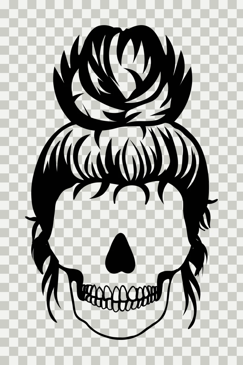 Keychain Skull With Messy Hair Bun silhouette black head transparency and detail preview thumbnail