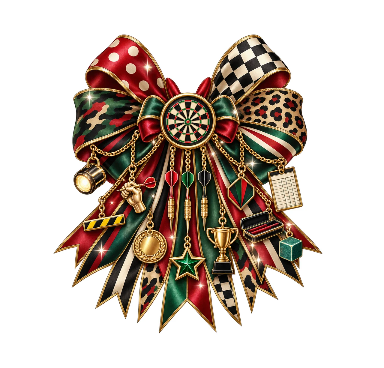 Darts Player Bow Charm PNG, Themed Gold Chain Charms, Coquette Ribbon Sublimation Design, Transparent Digital Download