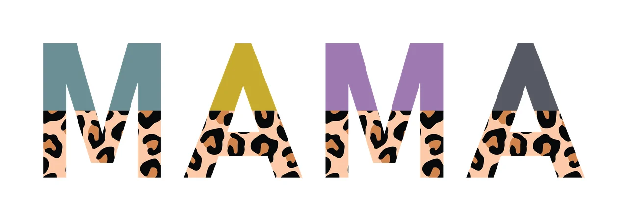 MAMA Typography Design with letters, leopard print pattern and color blocks in teal, mustard yellow and purple