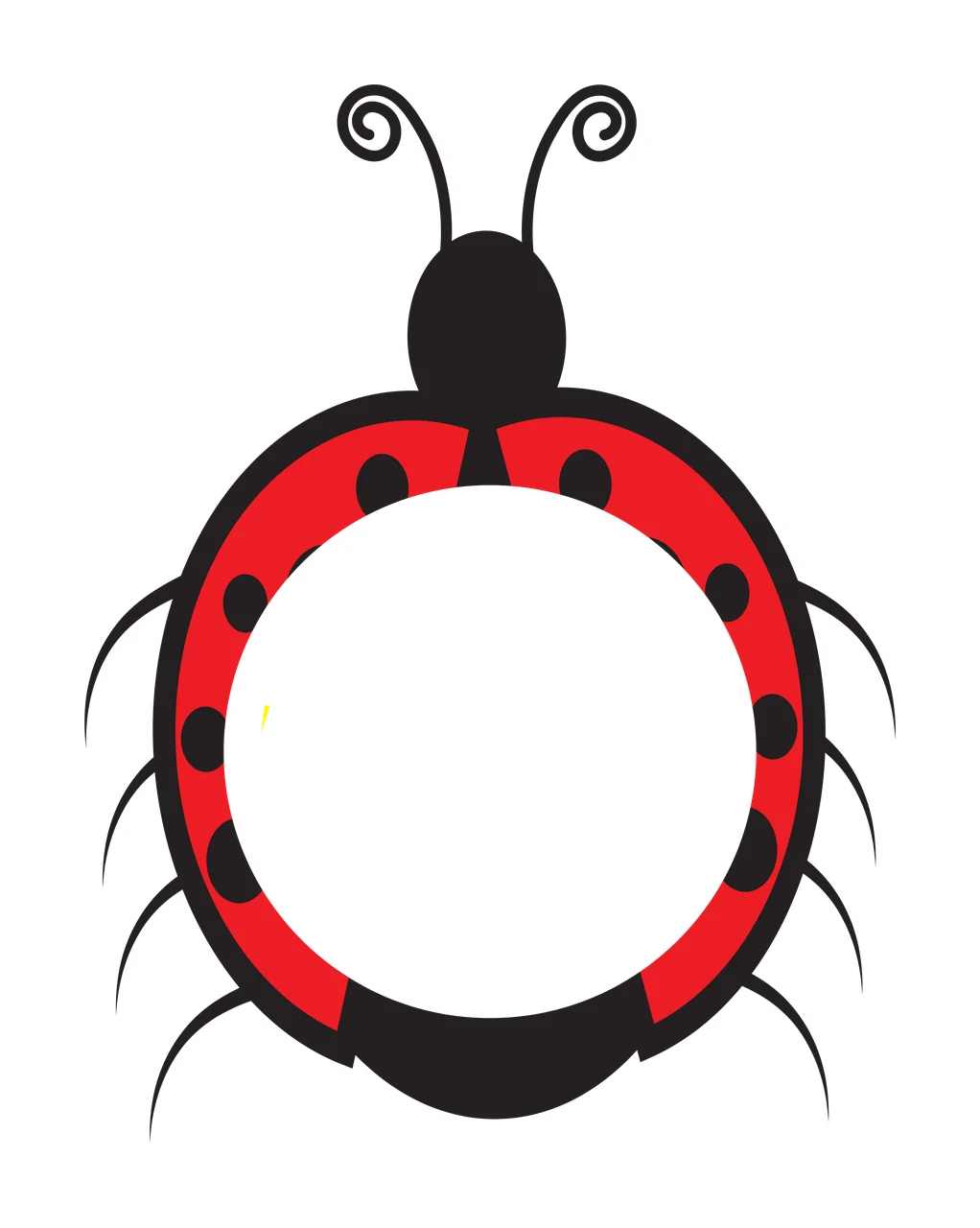 Ladybug frame with red ladybug shell, black spots, black head and two curly antennae in white