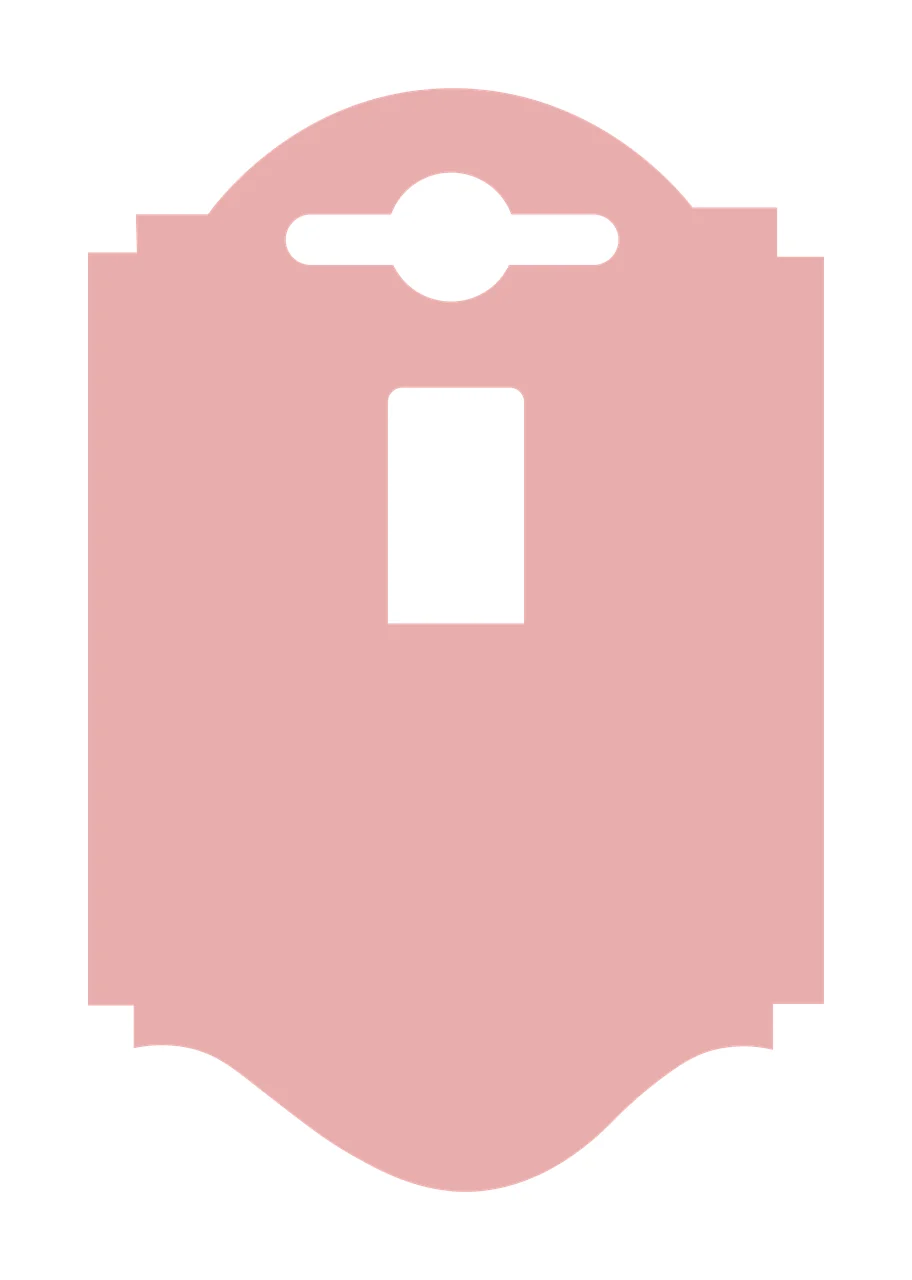 Retail hang tag with sombrero slot hole, rectangular window cutout, stepped side notches and arched top and bottom in light pink and white