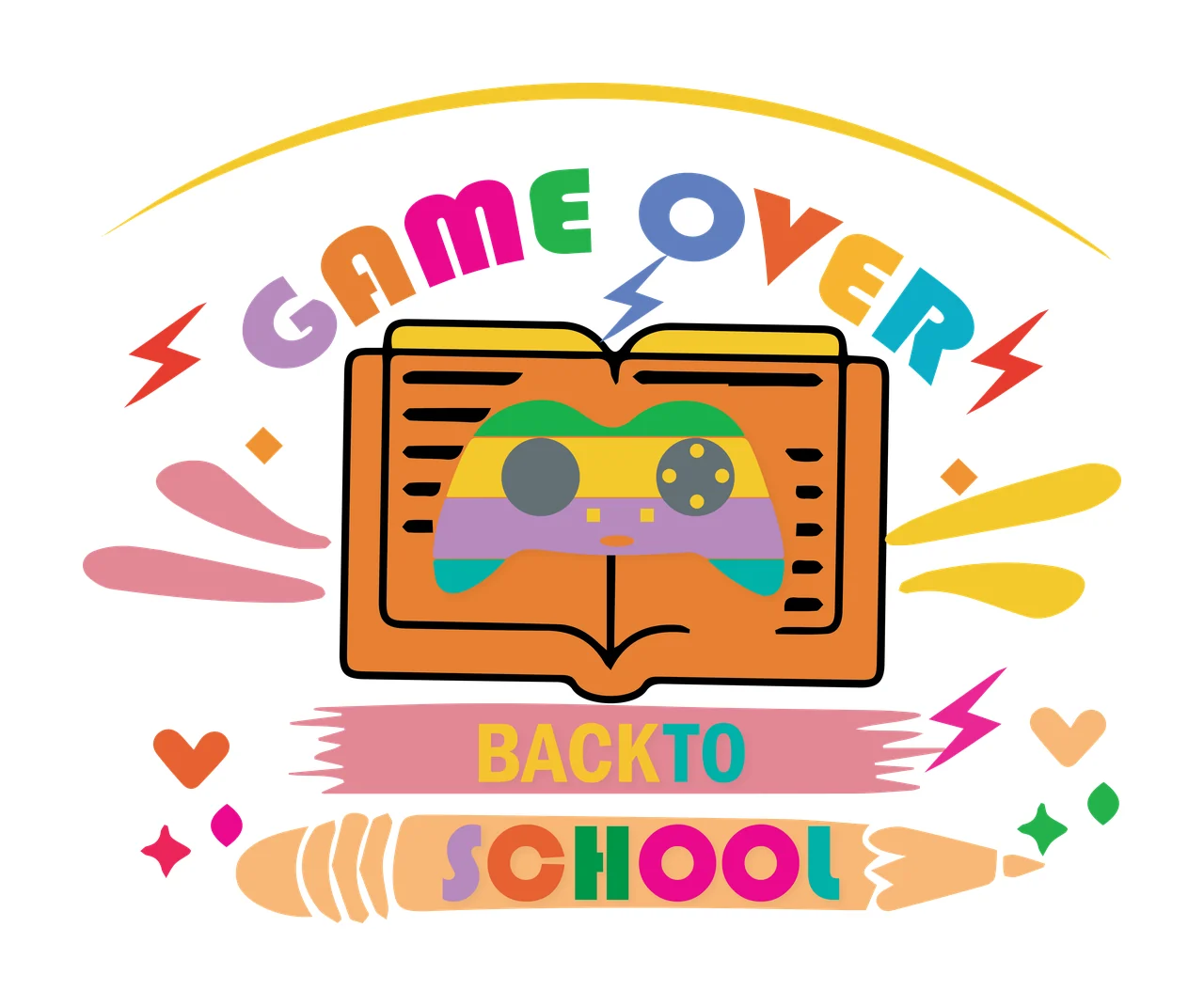 Game Over Book And Pencil finishing task heart lightning bolt