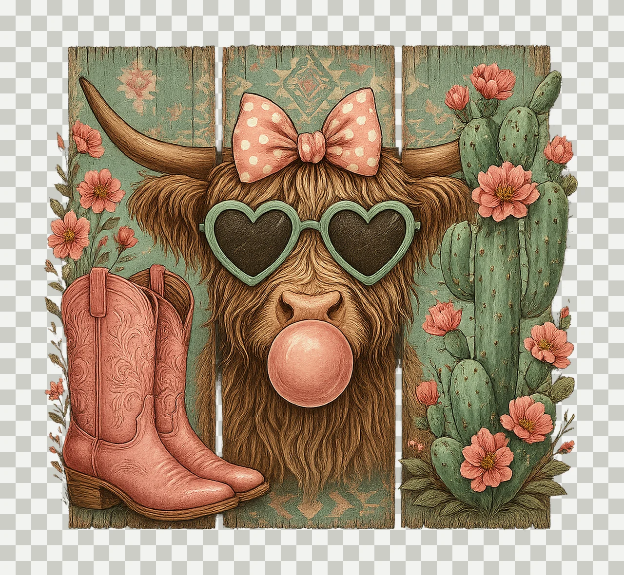 Western brush stroke valentine Highland cow retro valentine transparency and detail preview thumbnail
