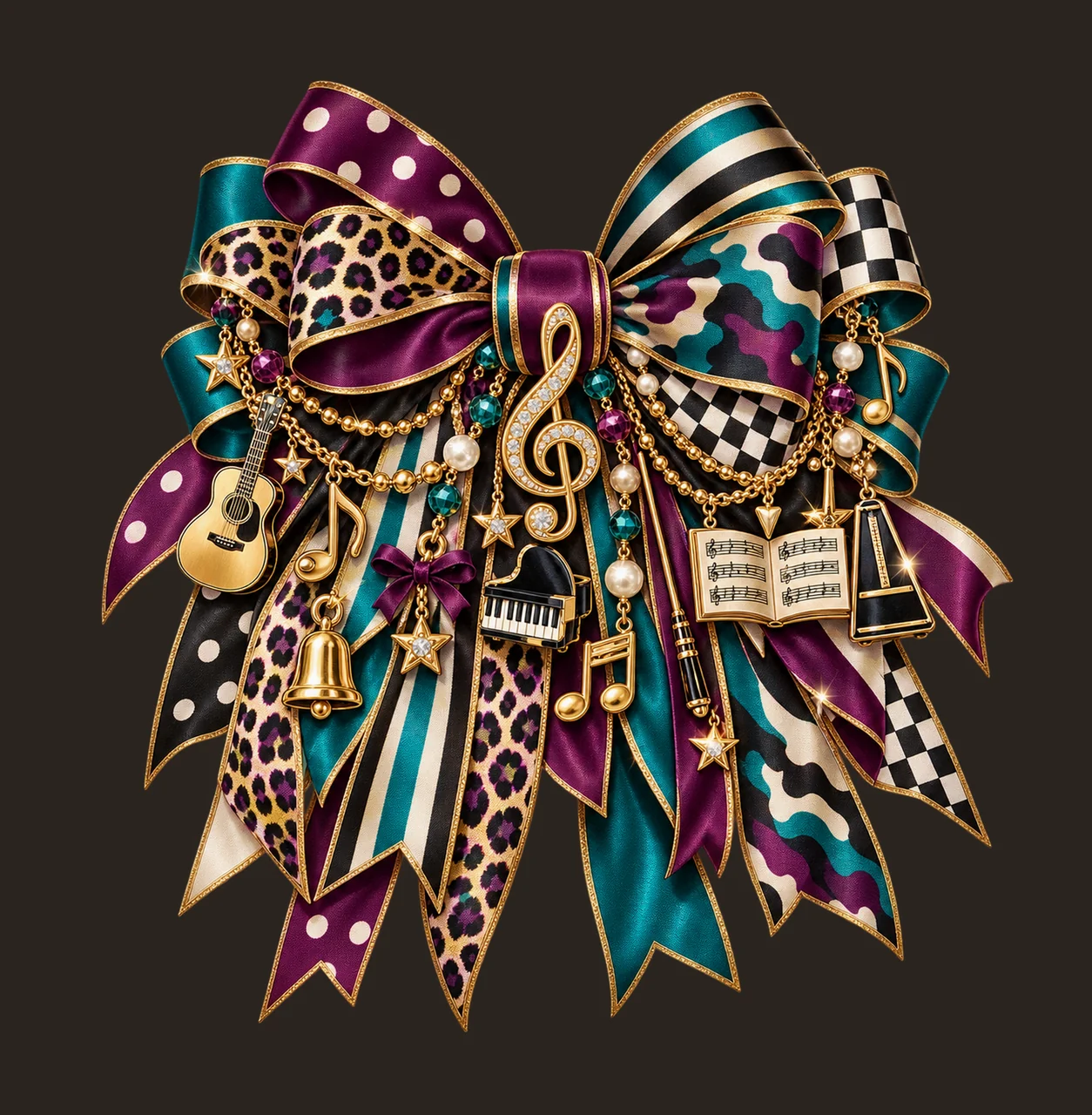 Music Teacher Bow Charm PNG, Themed Gold Chain Charms, Coquette Ribbon Sublimation Design, Transparent Digital Download contrast preview thumbnail