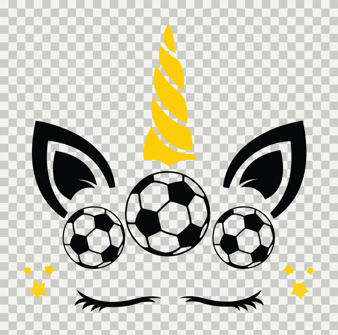 Soccer Unicorn Black And White Face Silhouette horn ears balls transparency and detail preview thumbnail