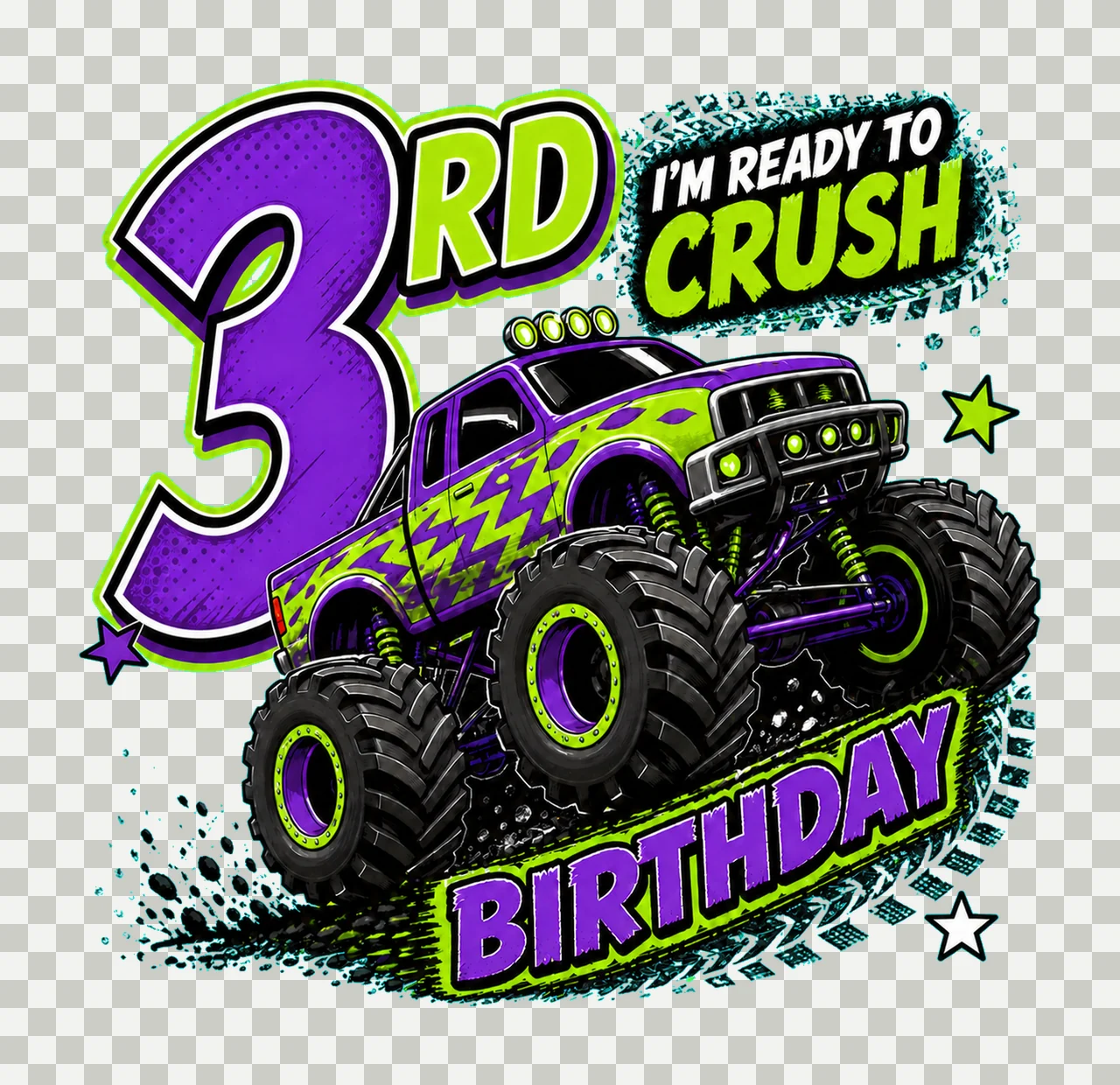 1 Monster Truck Birthday PNG, I'm Ready to Crush 3rd Birthday Sublimation Design, Purple Green Truck Boy Shirt Clipart Download PNG File transparency and detail preview thumbnail