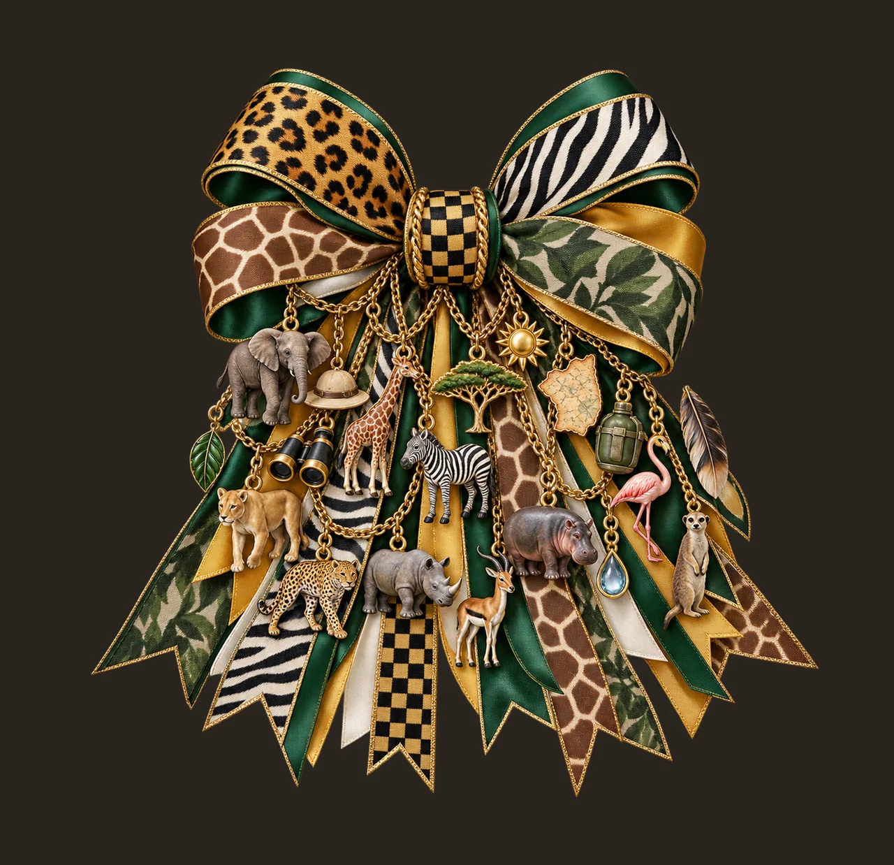 Realistic Safari Bow 3 Bow Charm PNG, Patterned Boutique Ribbon Clipart, Transparent Sublimation Digital Download contrast preview thumbnail