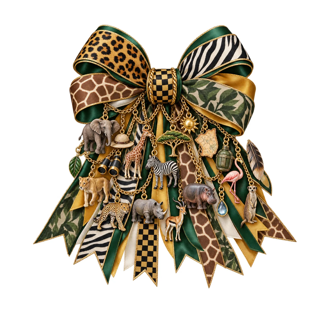 Realistic Safari Bow 3 Bow Charm PNG, Patterned Boutique Ribbon Clipart, Transparent Sublimation Digital Download