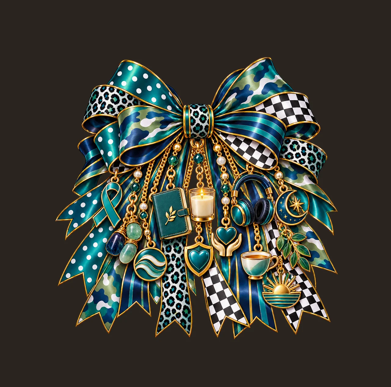 PTSD Awareness Bow Charm PNG, Gold Chain Charms, Transparent Sublimation Design, Digital Download contrast preview thumbnail