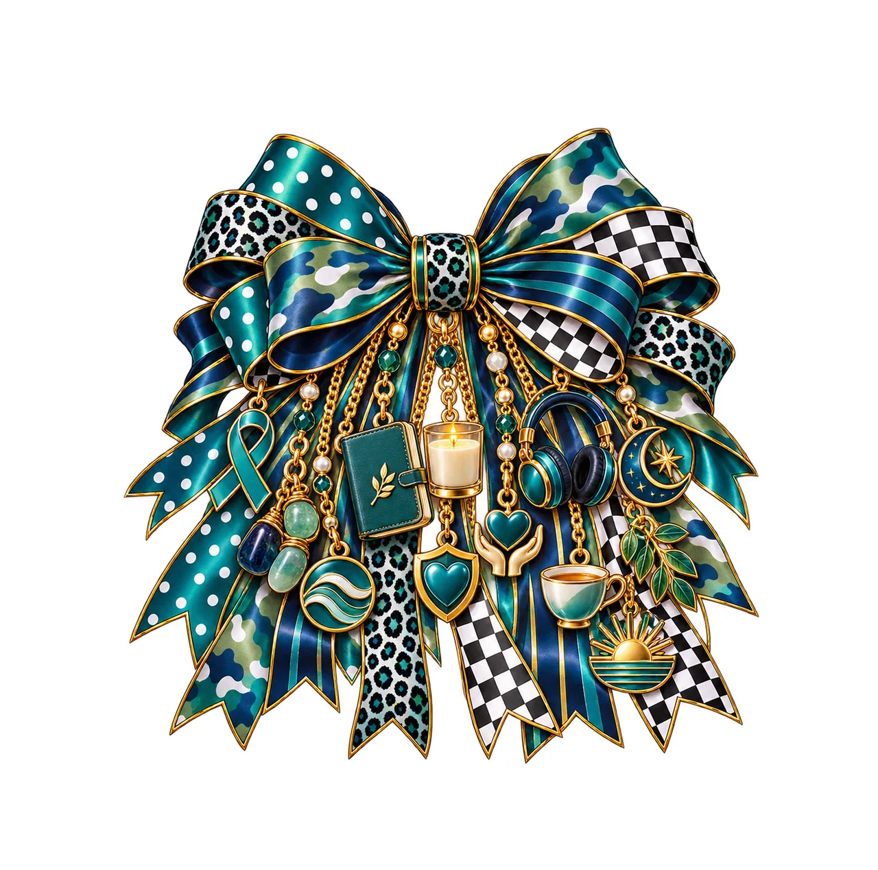 PTSD Awareness Bow Charm PNG, Gold Chain Charms, Transparent Sublimation Design, Digital Download