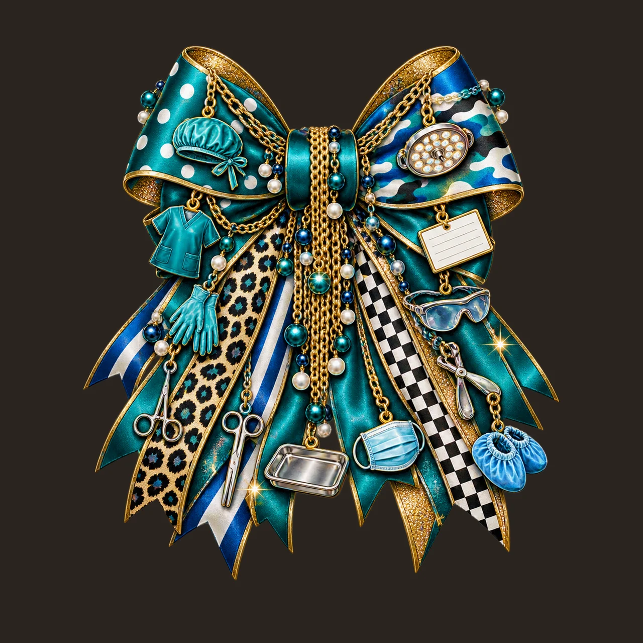 Surgical Technologist Bow Charm PNG, Themed Gold Chain Charms, Coquette Ribbon Sublimation Design, Transparent Digital Download contrast preview thumbnail