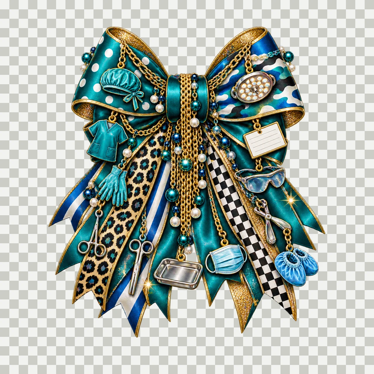 Surgical Technologist Bow Charm PNG, Themed Gold Chain Charms, Coquette Ribbon Sublimation Design, Transparent Digital Download transparency and detail preview thumbnail