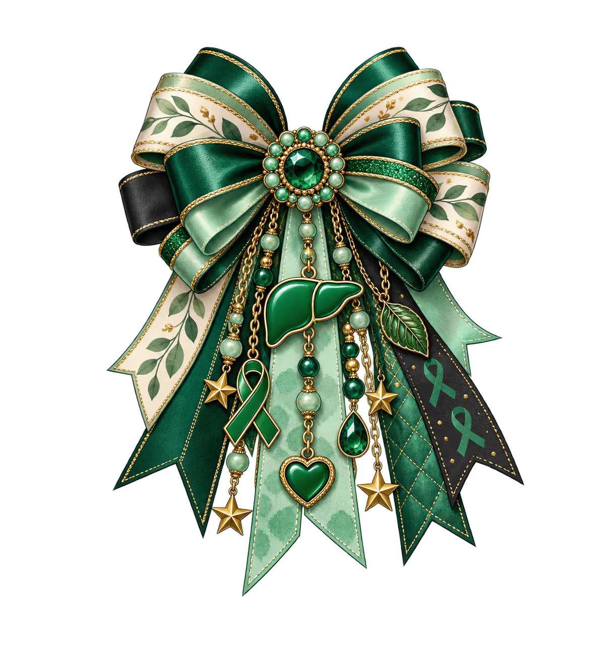Liver Cancer Awareness PNG, Liver and Green Ribbon Coquette Bow, No Text Sublimation Clipart, Transparent Digital Download