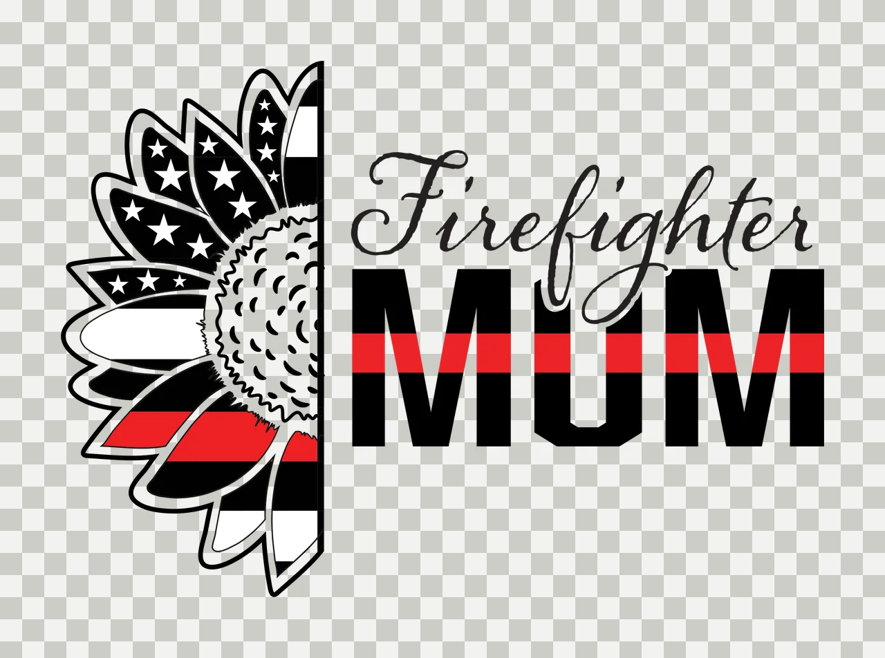 Firefighter MUM Typography Design with half sunflower, stars and stripes pattern, thin red line and cursive lettering in black and white transparency and detail preview thumbnail