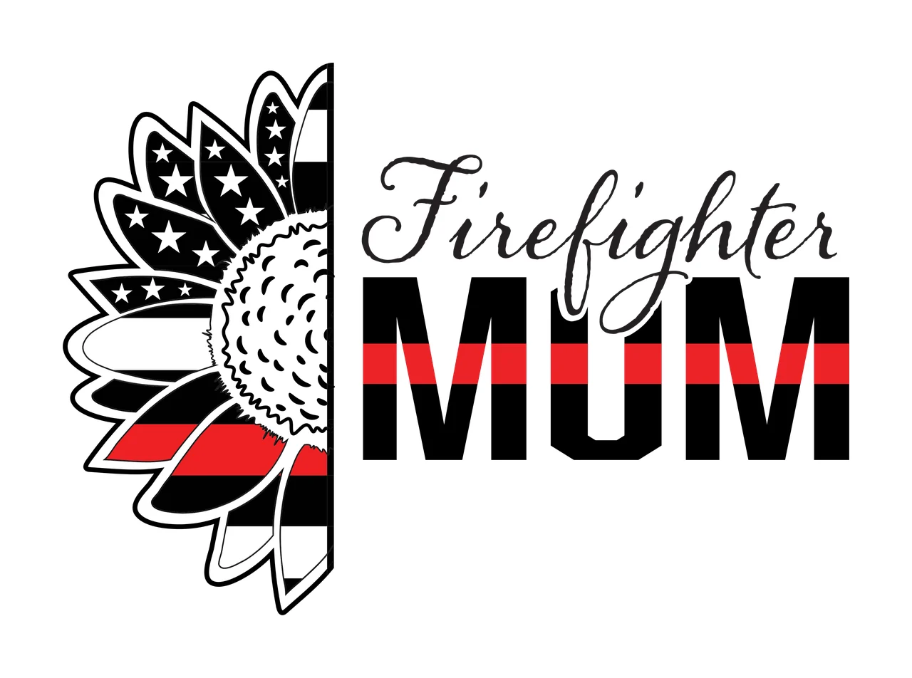 Firefighter MUM Typography Design with half sunflower, stars and stripes pattern, thin red line and cursive lettering in black and white