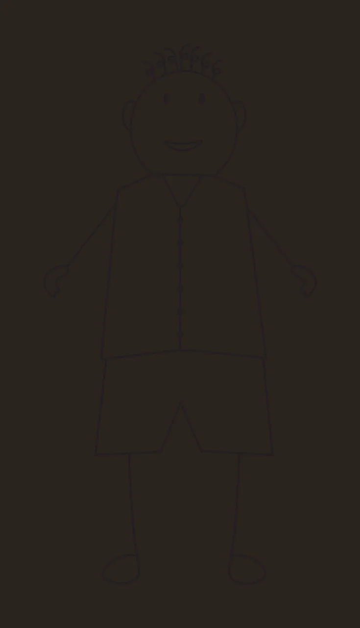 Line Art Illustration of stick figure person with curly spiral hair, buttoned vest, shorts and smiling face in black and white contrast preview thumbnail