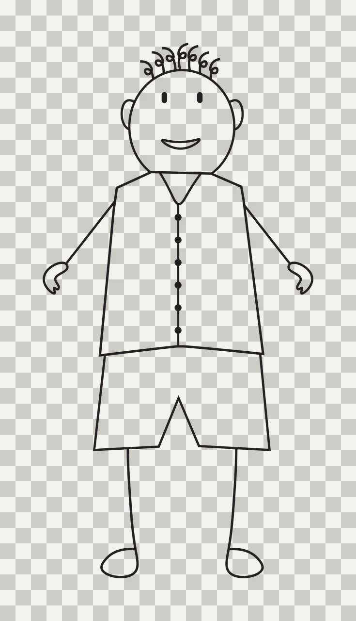 Line Art Illustration of stick figure person with curly spiral hair, buttoned vest, shorts and smiling face in black and white transparency and detail preview thumbnail