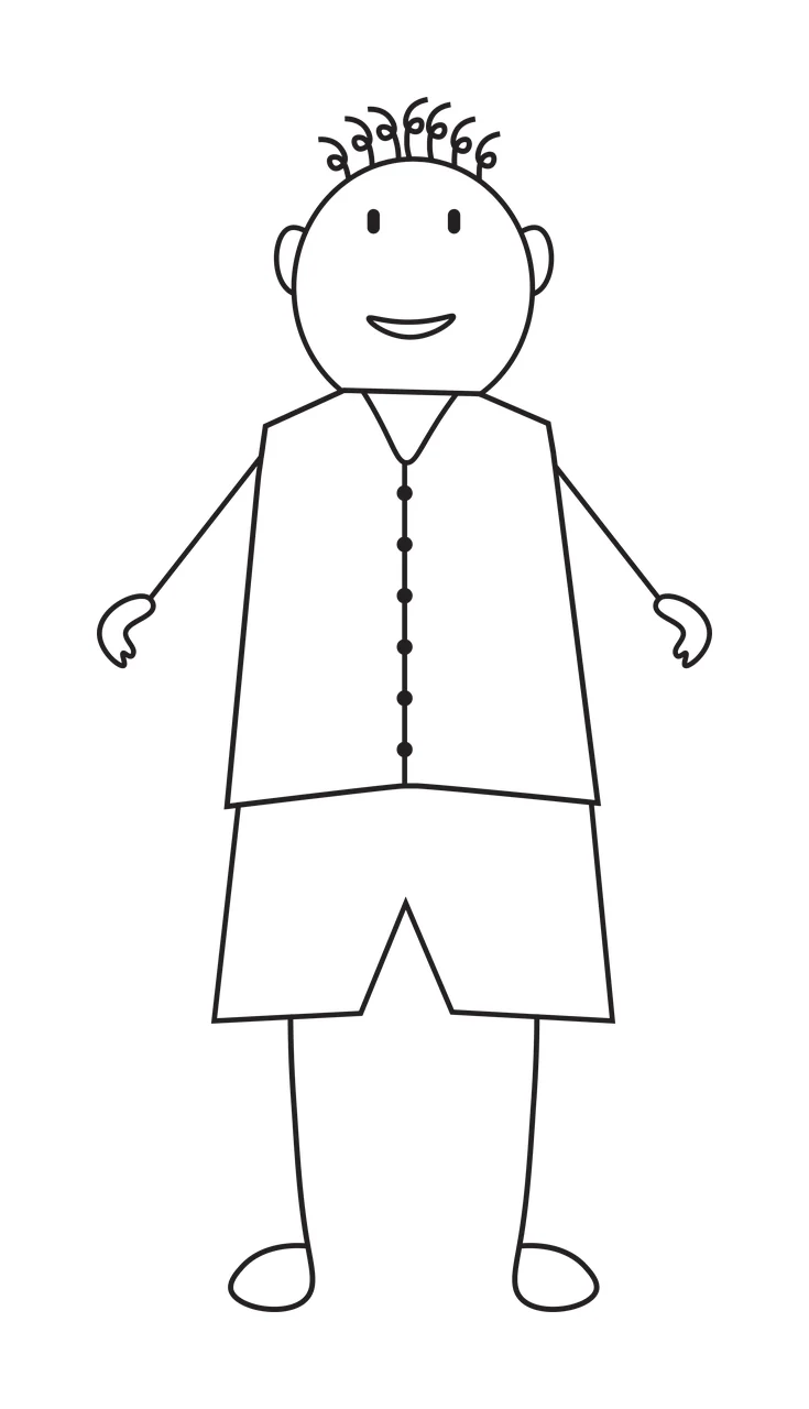 Line Art Illustration of stick figure person with curly spiral hair, buttoned vest, shorts and smiling face in black and white