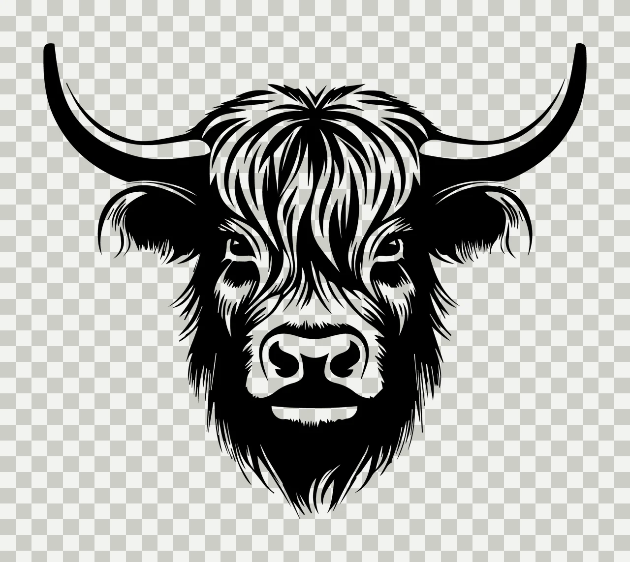 Cow Highland Head Front View Silhouette horns black white plain transparency and detail preview thumbnail