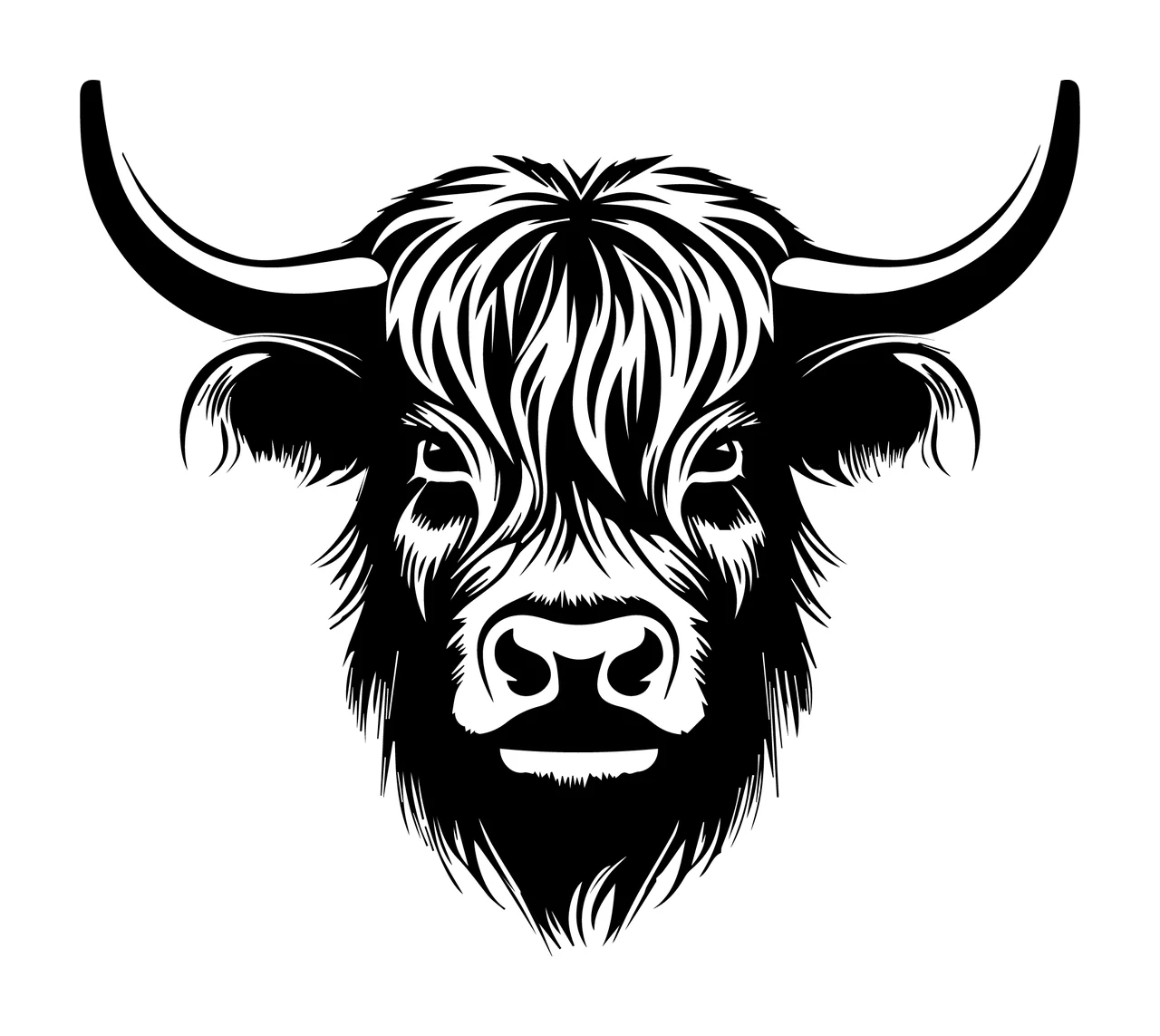 Cow Highland Head Front View Silhouette horns black white plain