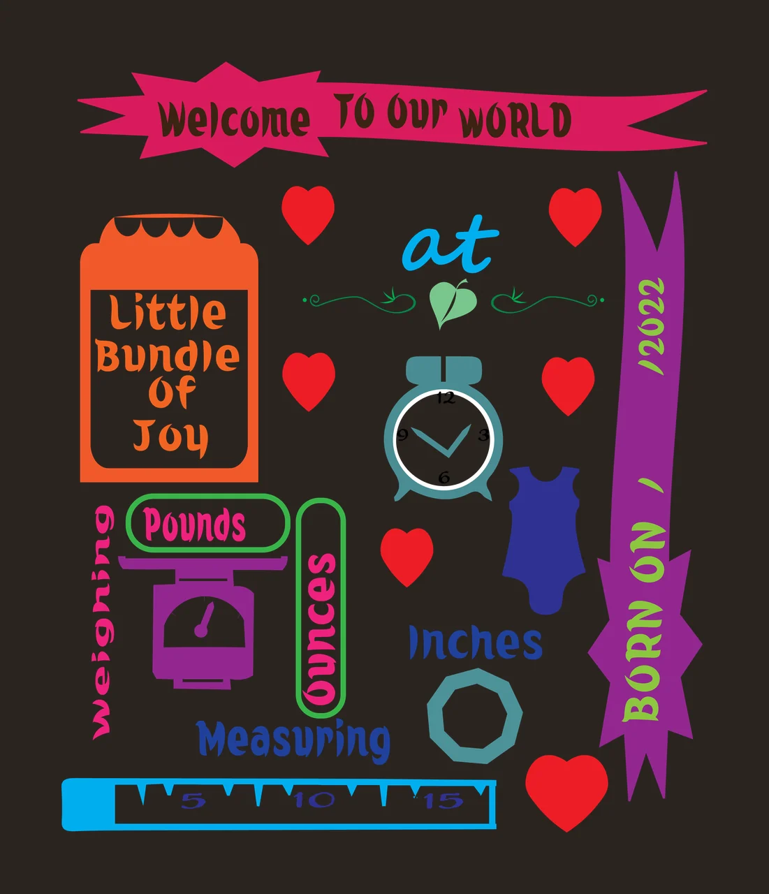 Baby Birth Statistics measured clock scale ruler heart clothes contrast preview thumbnail