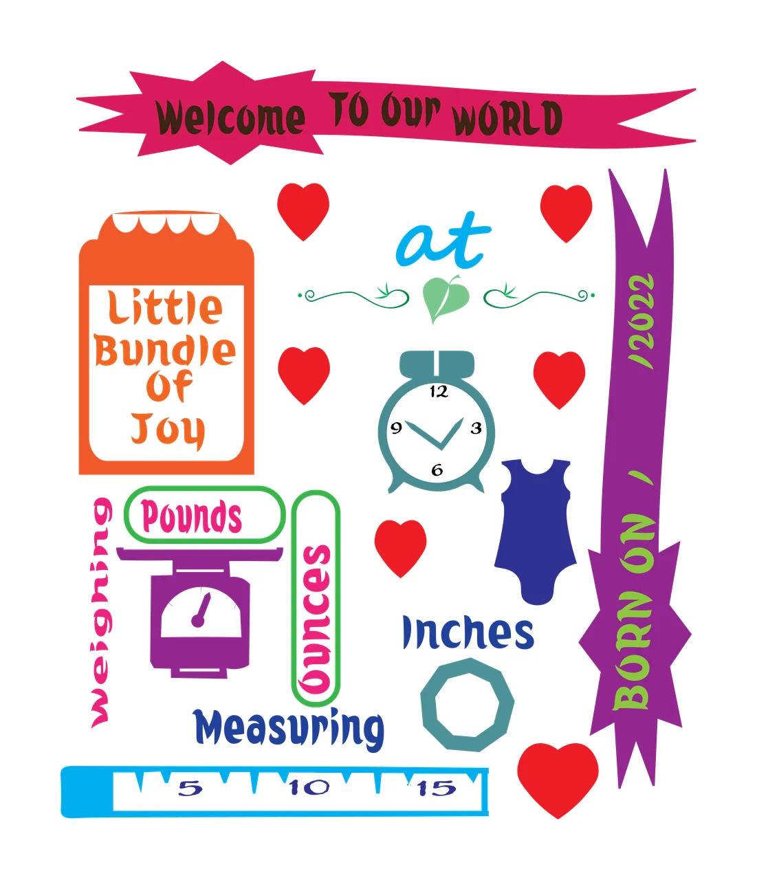 Baby Birth Statistics measured clock scale ruler heart clothes