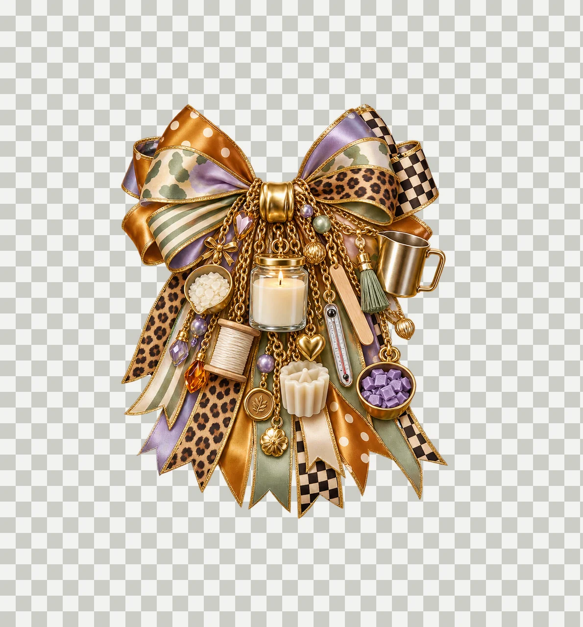 Candle Maker Bow Charm PNG, Themed Gold Chain Charms, Coquette Ribbon Sublimation Design, Transparent Digital Download transparency and detail preview thumbnail