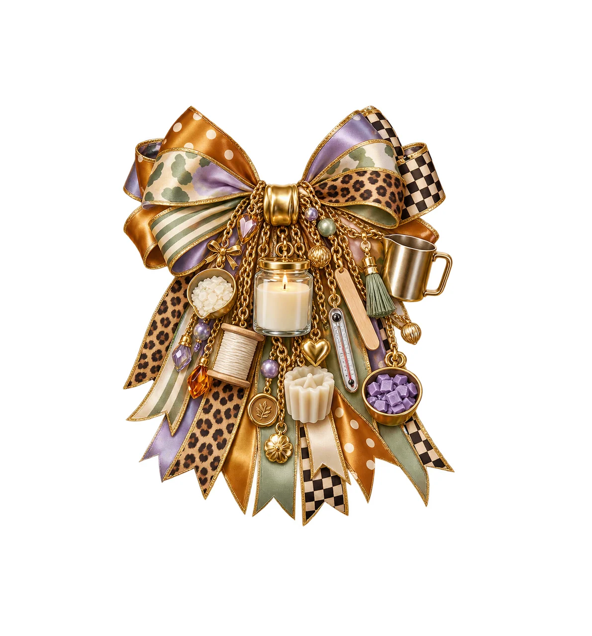 Candle Maker Bow Charm PNG, Themed Gold Chain Charms, Coquette Ribbon Sublimation Design, Transparent Digital Download