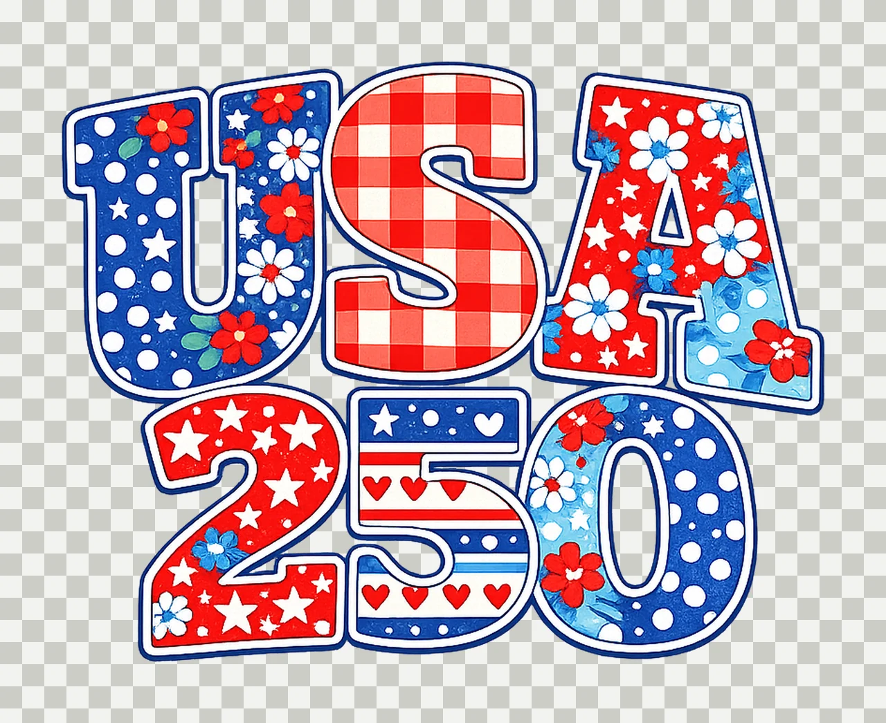 Retro 4th of July Floral Patriotic USA 250th Design art transparency and detail preview thumbnail