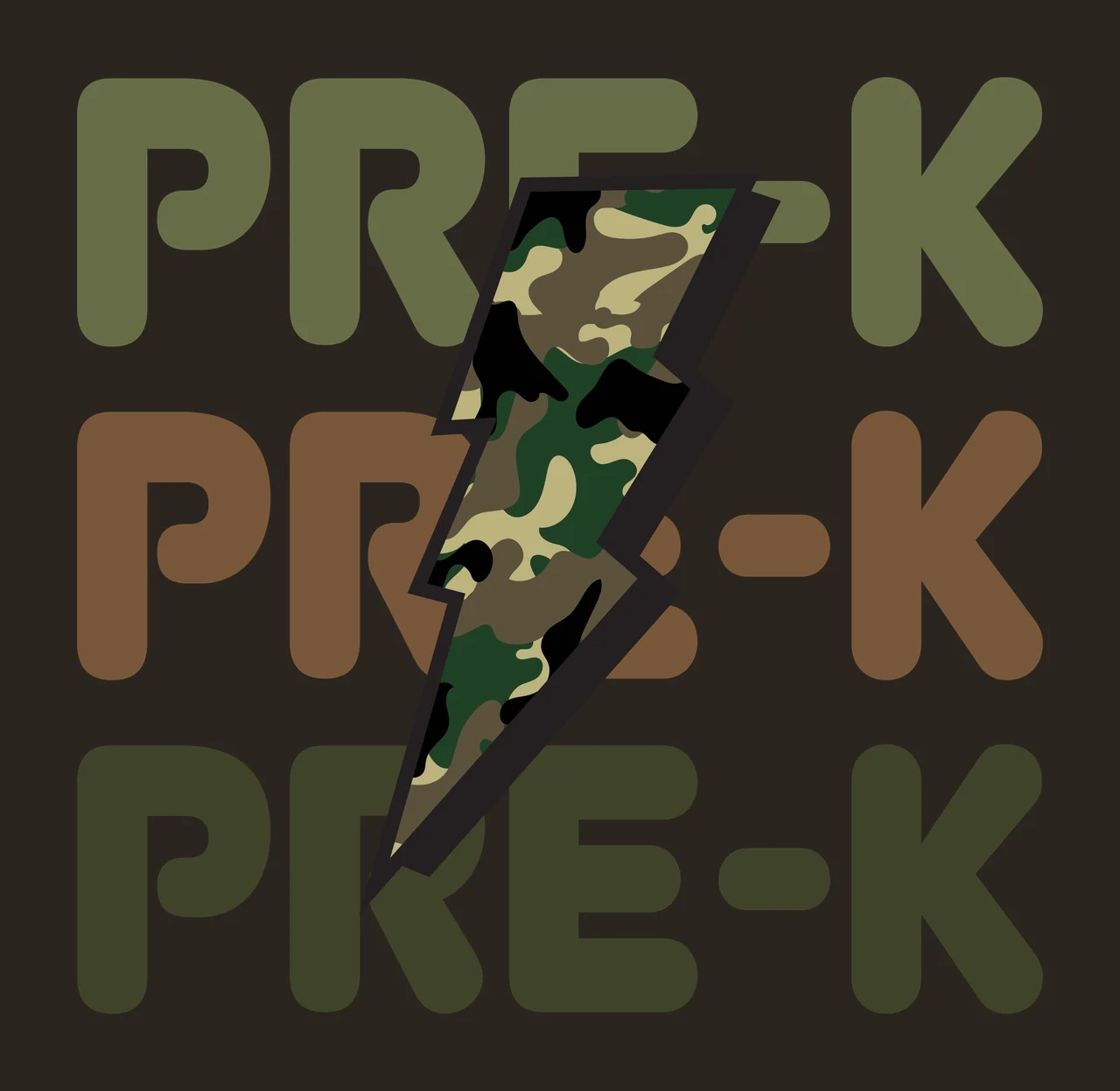PRE-K PRE-K PRE-K Typography Design with PRE-K text, lightning bolt, camouflage pattern and stacked lettering in olive green, brown and dark green contrast preview thumbnail