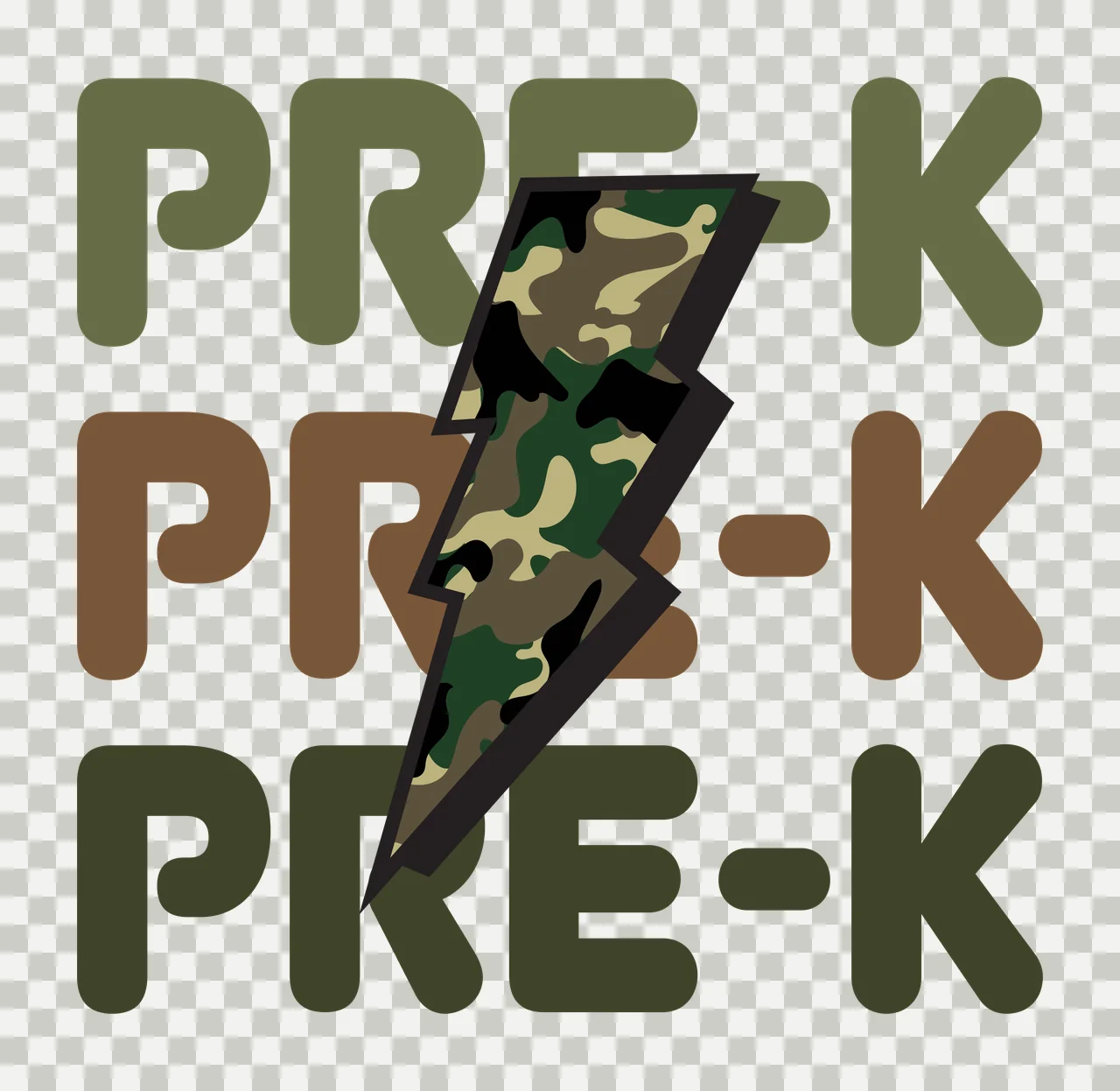 PRE-K PRE-K PRE-K Typography Design with PRE-K text, lightning bolt, camouflage pattern and stacked lettering in olive green, brown and dark green transparency and detail preview thumbnail