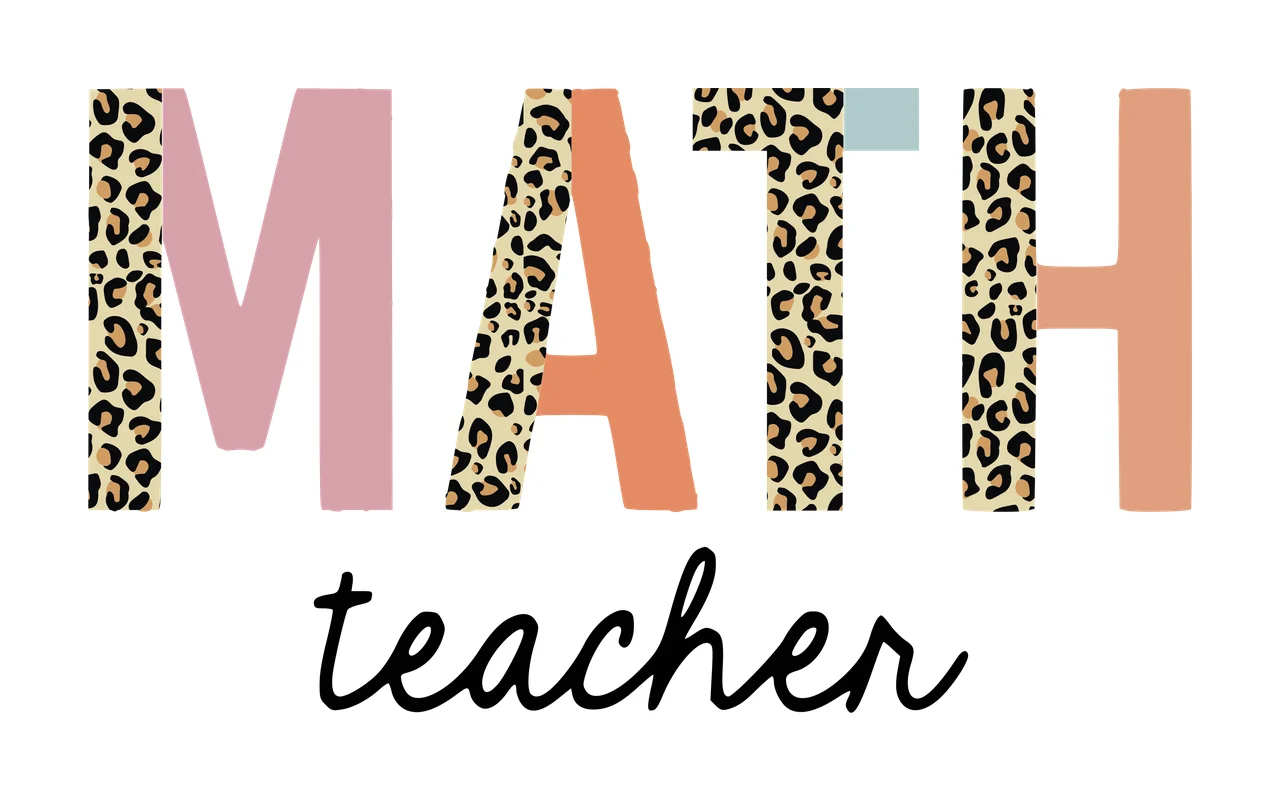 MATH teacher Typography Design with block letters, leopard print pattern, cursive script text and split letter design in black, tan and pink