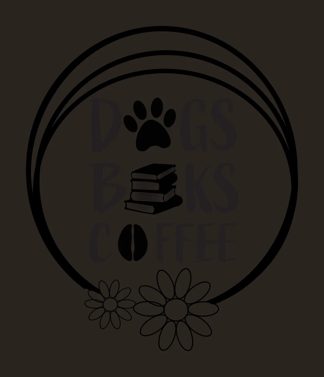 DOGS BOOKS COFFEE Typography Design with triple concentric circle border, paw print replacing 'O' in 'DOGS', stacked books replacing 'B' in 'BOOKS' and coffee bean replacing 'O' in 'COFFEE' in black contrast preview thumbnail