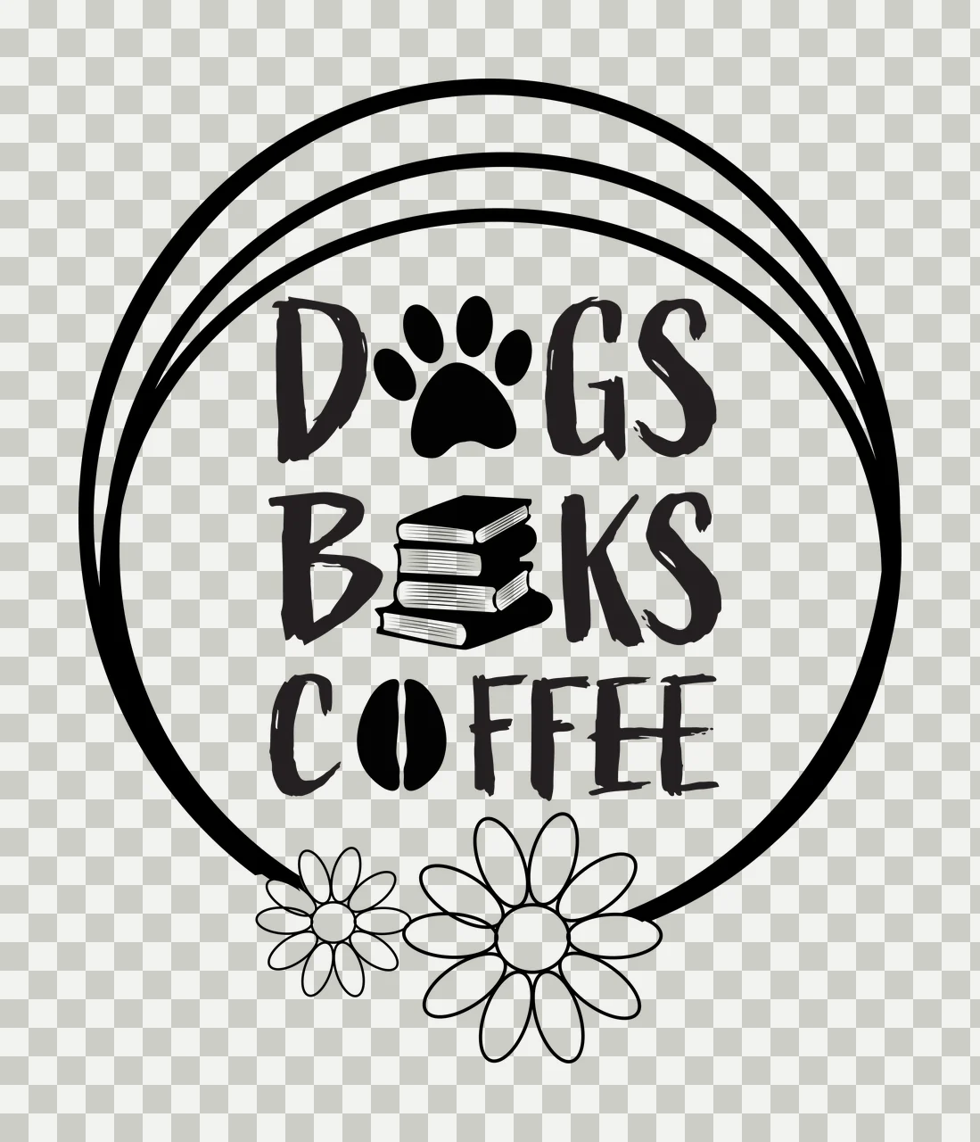 DOGS BOOKS COFFEE Typography Design with triple concentric circle border, paw print replacing 'O' in 'DOGS', stacked books replacing 'B' in 'BOOKS' and coffee bean replacing 'O' in 'COFFEE' in black transparency and detail preview thumbnail